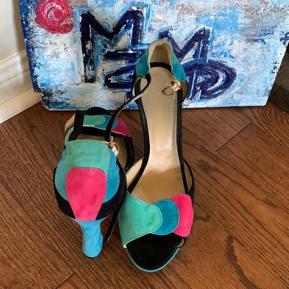 L’Estrosa RARE 38 Handcrafted Italian Suede Patchwork Platform Black Pink Teal - Picture 7 of 13